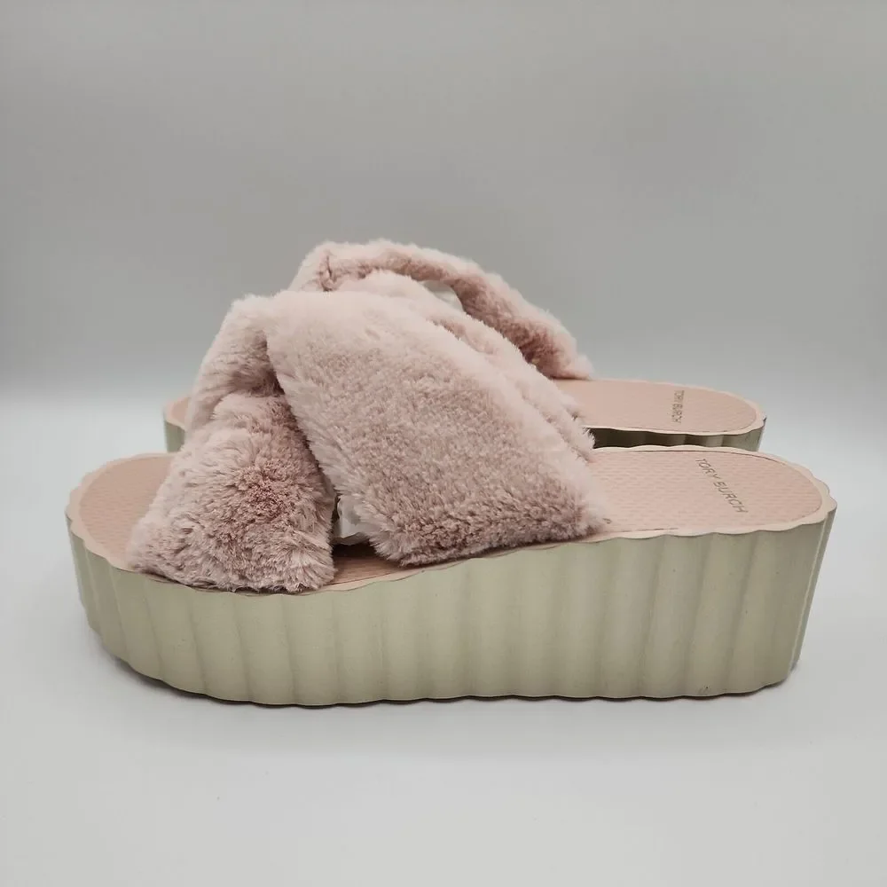 Tory Burch Faux Fur Scallop Wedge Slide Sandal‎ Sea Shell Pink Size 10 $168